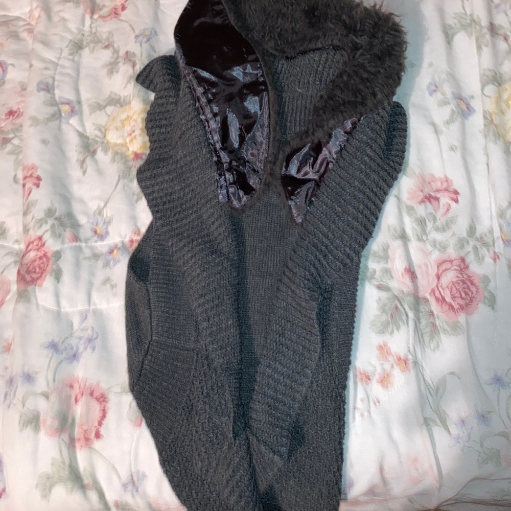 grey vest with fur collar